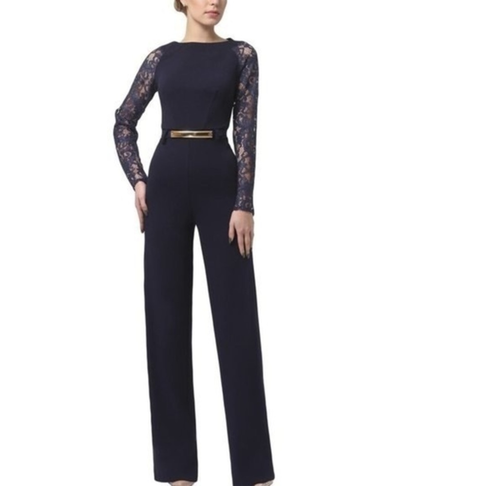 Lila Kass Navy Blue Lace-Contrast Tie-Back Jumpsuit size